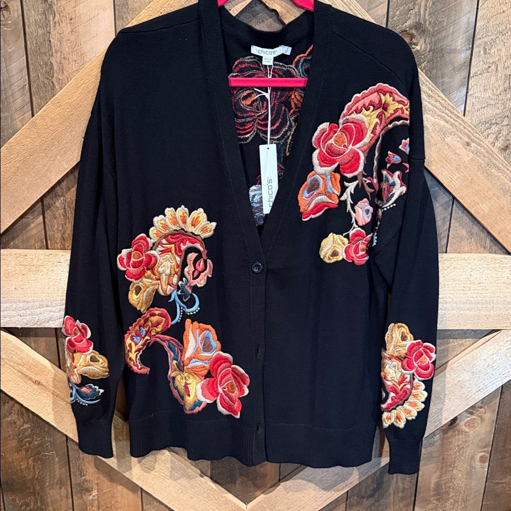 Chico's Black Cardigan with Colorful Embroidery